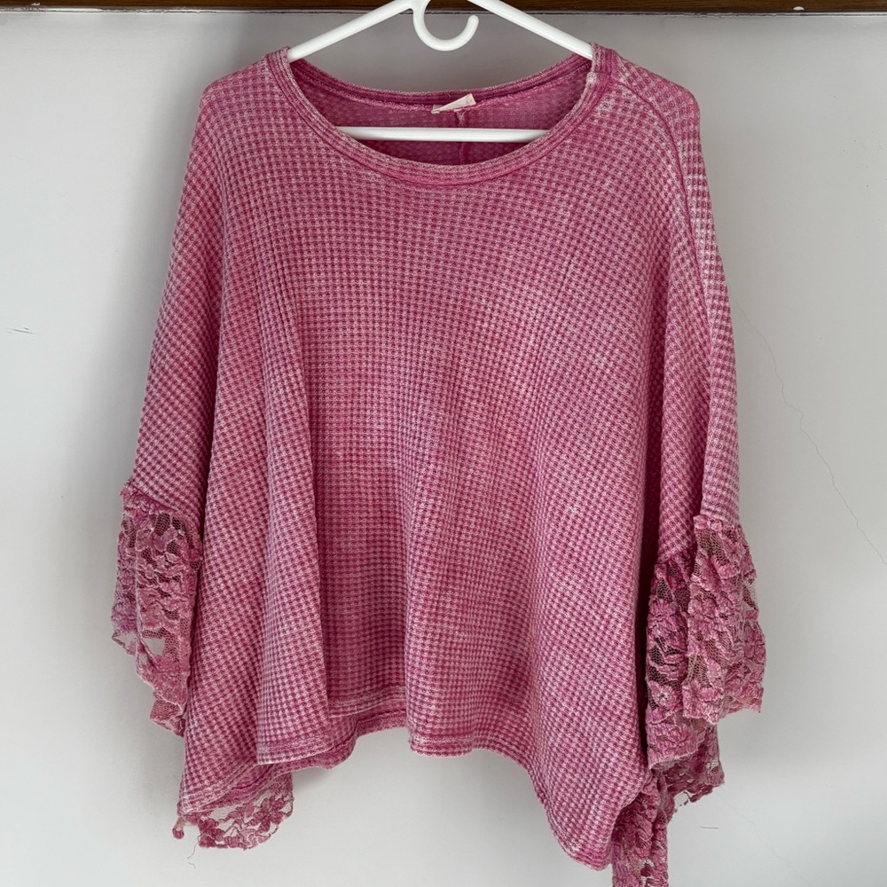 Blue Buttercup Boutique Pink Lace Trim Women's Waffle Knit Women’s